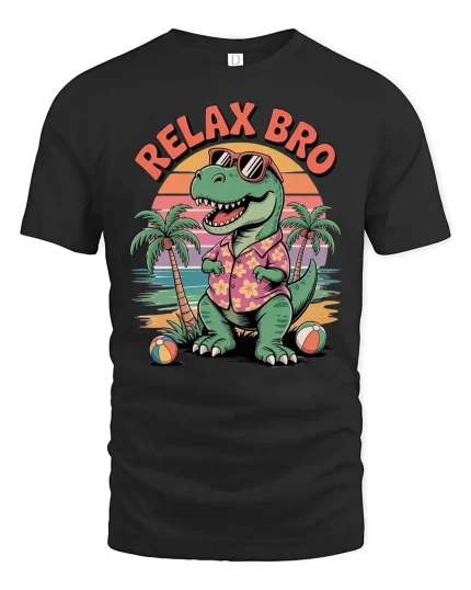 Relax Bro Vintage Dinosaur Beach Sunset Funny Graphic T-Shirt - black t-shirt on white background