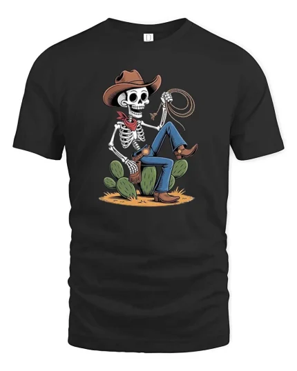 Skeleton Cowboy Lasso Western Desert Funny Graphic T-Shirt - black t-shirt on white background