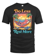 Do Less Rest More Cat Relaxing Beach Funny Graphic T-Shirt - black t-shirt on white background