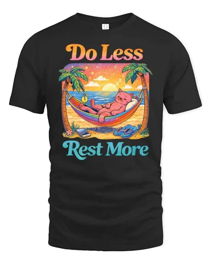 Do Less Rest More Cat Relaxing Beach Funny Graphic T-Shirt - black t-shirt on white background
