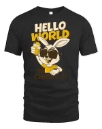 Hello World Cheers Rabbit Funny Party Graphic Cool T-Shirt - black t-shirt on white background