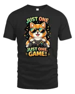 Just One Game Funny Gamer Cat Cartoon Graphic T-Shirt - black t-shirt on white background