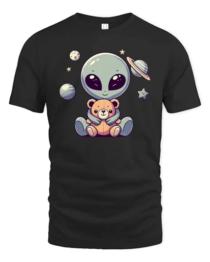 Cute Alien Teddy Bear Space Cartoon Kawaii Graphic T-Shirt - black t-shirt on white background