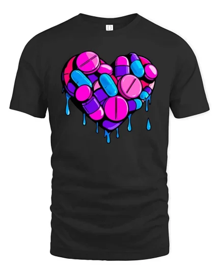Melting Pill Heart Neon Graphic Love Aesthetic T-Shirt - black t-shirt on white background