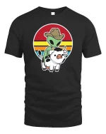Alien Cowboy Riding Cow Funny Retro Sunset Graphic T-Shirt - black t-shirt on white background