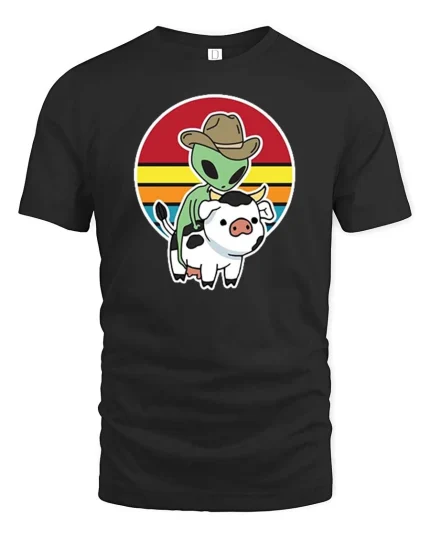 Alien Cowboy Riding Cow Funny Retro Sunset Graphic T-Shirt - black t-shirt on white background