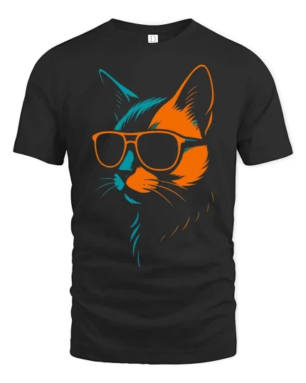 Cool Cat Sunglasses Neon Minimalist Graphic Stylish T-Shirt - black t-shirt on white background