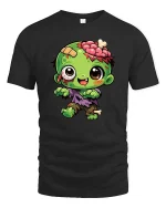 Cute Zombie Cartoon Horror Kawaii Halloween Graphic T-Shirt - black t-shirt on white background