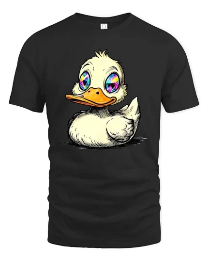 Cute Duck Psychedelic Eyes Funny Animal Graphic T-Shirt - black t-shirt on white background