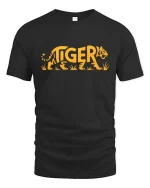 Tiger Word Art Graphic Bold Animal Style Cool T-Shirt - black t-shirt on white background
