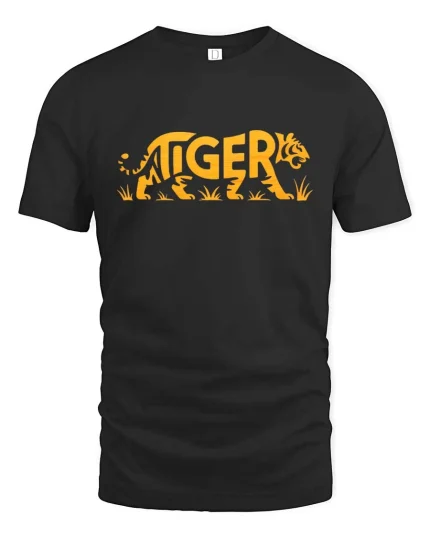 Tiger Word Art Graphic Bold Animal Style Cool T-Shirt - black t-shirt on white background