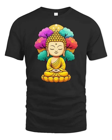 Meditating Buddha Peaceful Spiritual Zen Art Graphic T-Shirt - black t-shirt on white background