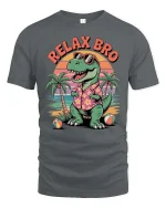 Relax Bro Vintage Dinosaur Beach Sunset Funny Graphic T-Shirt - gray t-shirt on white background