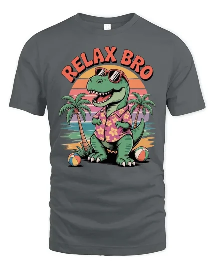 Relax Bro Vintage Dinosaur Beach Sunset Funny Graphic T-Shirt - gray t-shirt on white background