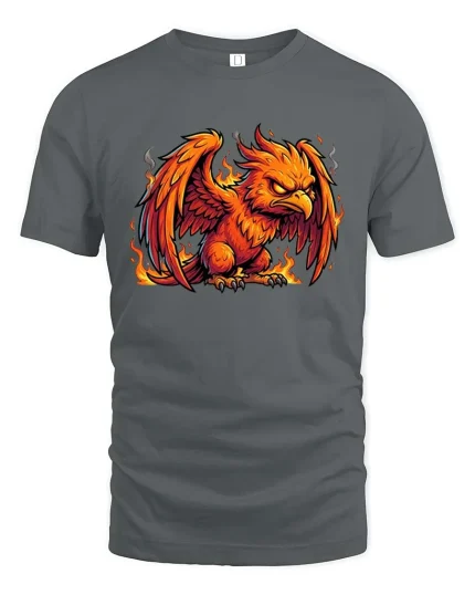 Fiery Phoenix Rising Mythical Bird Flame Graphic T-Shirt - gray t-shirt on white background