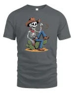 Skeleton Cowboy Lasso Western Desert Funny Graphic T-Shirt - gray t-shirt on white background