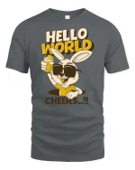 Hello World Cheers Rabbit Funny Party Graphic Cool T-Shirt - gray t-shirt on white background