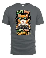 Just One Game Funny Gamer Cat Cartoon Graphic T-Shirt - gray t-shirt on white background