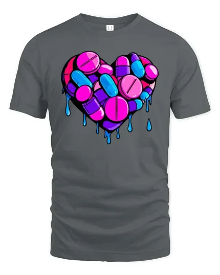 Melting Pill Heart Neon Graphic Love Aesthetic T-Shirt - gray t-shirt on white background
