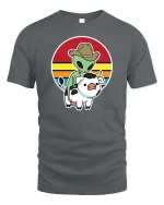 Alien Cowboy Riding Cow Funny Retro Sunset Graphic T-Shirt - gray t-shirt on white background