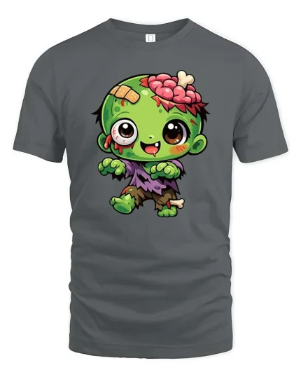 Cute Zombie Cartoon Horror Kawaii Halloween Graphic T-Shirt - gray t-shirt on white background