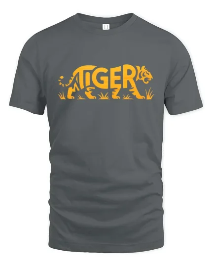 Tiger Word Art Graphic Bold Animal Style Cool T-Shirt - gray t-shirt on white background