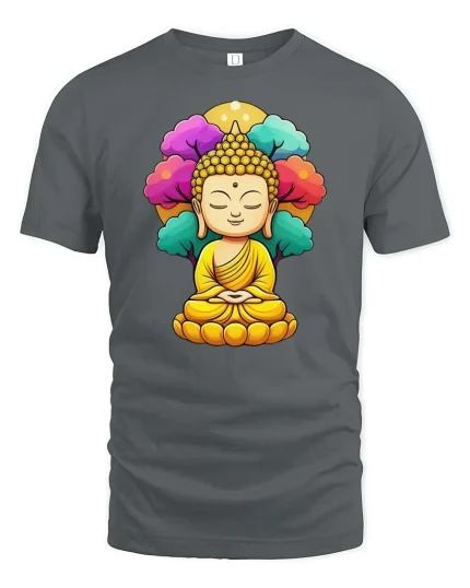 Meditating Buddha Peaceful Spiritual Zen Art Graphic T-Shirt - gray t-shirt on white background