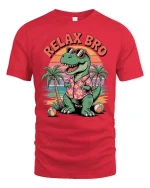 Relax Bro Vintage Dinosaur Beach Sunset Funny Graphic T-Shirt - red t-shirt on white background