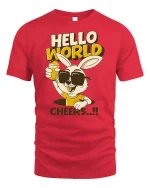 Hello World Cheers Rabbit Funny Party Graphic Cool T-Shirt - red t-shirt on white background