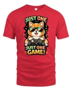 Just One Game Funny Gamer Cat Cartoon Graphic T-Shirt - red t-shirt on white background