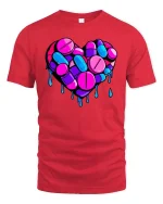 Melting Pill Heart Neon Graphic Love Aesthetic T-Shirt - red t-shirt on white background