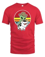 Alien Cowboy Riding Cow Funny Retro Sunset Graphic T-Shirt - red t-shirt on white background