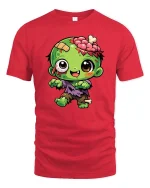 Cute Zombie Cartoon Horror Kawaii Halloween Graphic T-Shirt - red t-shirt on white background