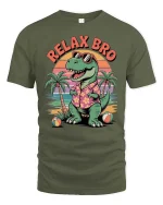 Relax Bro Vintage Dinosaur Beach Sunset Funny Graphic T-Shirt - military green t-shirt on white background
