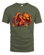 Fiery Phoenix Rising Mythical Bird Flame Graphic T-Shirt - military green t-shirt on white background