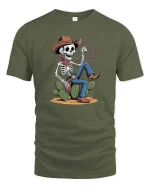 Skeleton Cowboy Lasso Western Desert Funny Graphic T-Shirt - military green t-shirt on white background