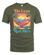Do Less Rest More Cat Relaxing Beach Funny Graphic T-Shirt - military green t-shirt on white background