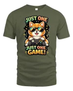Just One Game Funny Gamer Cat Cartoon Graphic T-Shirt - military green t-shirt on white background
