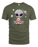 Cute Alien Teddy Bear Space Cartoon Kawaii Graphic T-Shirt - military green t-shirt on white background