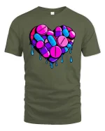 Melting Pill Heart Neon Graphic Love Aesthetic T-Shirt - military green t-shirt on white background