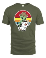 Alien Cowboy Riding Cow Funny Retro Sunset Graphic T-Shirt - military green t-shirt on white background