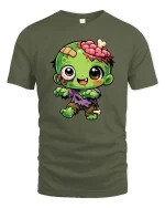 Cute Zombie Cartoon Horror Kawaii Halloween Graphic T-Shirt - military green t-shirt on white background