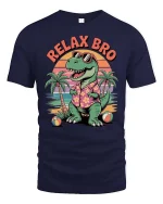 Relax Bro Vintage Dinosaur Beach Sunset Funny Graphic T-Shirt - navy t-shirt on white background