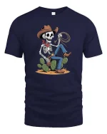 Skeleton Cowboy Lasso Western Desert Funny Graphic T-Shirt - navy t-shirt on white background