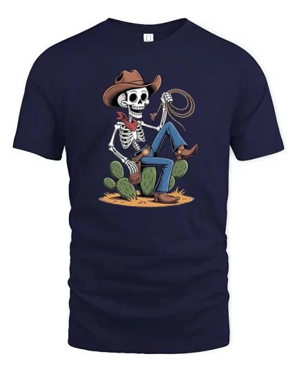 Skeleton Cowboy Lasso Western Desert Funny Graphic T-Shirt - navy t-shirt on white background