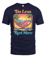 Do Less Rest More Cat Relaxing Beach Funny Graphic T-Shirt - navy t-shirt on white background