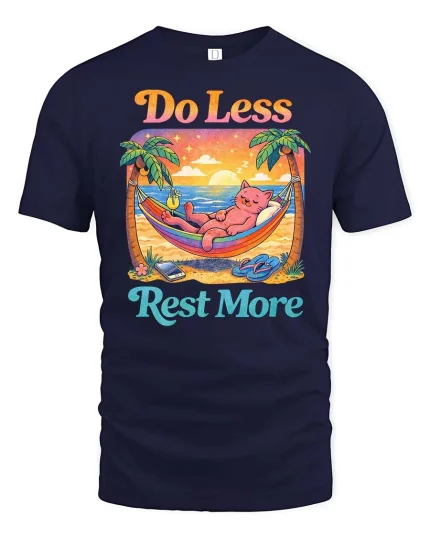 Do Less Rest More Cat Relaxing Beach Funny Graphic T-Shirt - navy t-shirt on white background