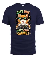 Just One Game Funny Gamer Cat Cartoon Graphic T-Shirt - navy t-shirt on white background