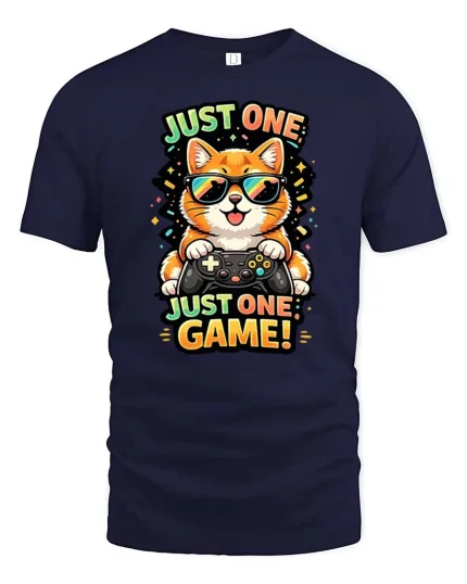 Just One Game Funny Gamer Cat Cartoon Graphic T-Shirt - navy t-shirt on white background
