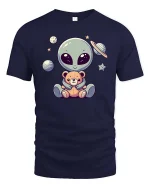 Cute Alien Teddy Bear Space Cartoon Kawaii Graphic T-Shirt - navy t-shirt on white background